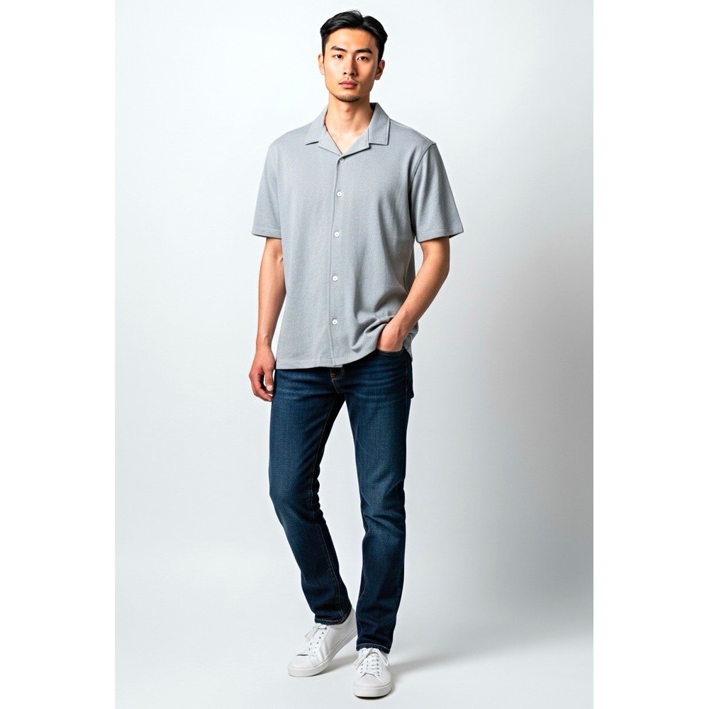 Free Planet Men’s Gray Solid Knit Cotton/Poly Short Sleeve Button-Up Shirt M